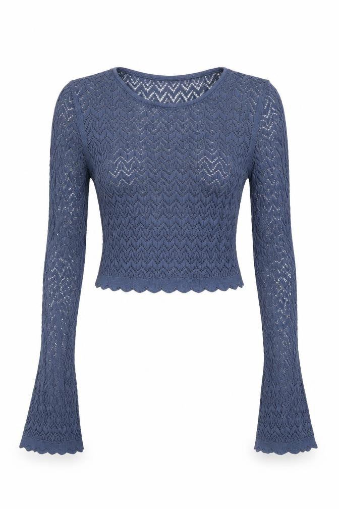 ZARA Womens Blue Crochet Knit Cropped Top Size S Long Sleeve