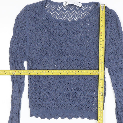 ZARA Womens Blue Crochet Knit Cropped Top Size S Long Sleeve