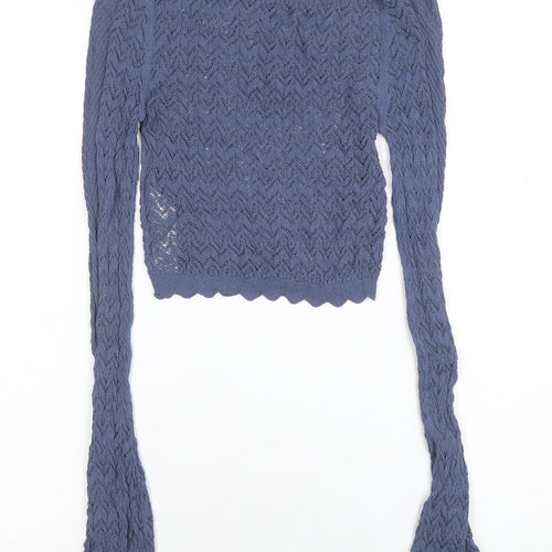 ZARA Womens Blue Crochet Knit Cropped Top Size S Long Sleeve