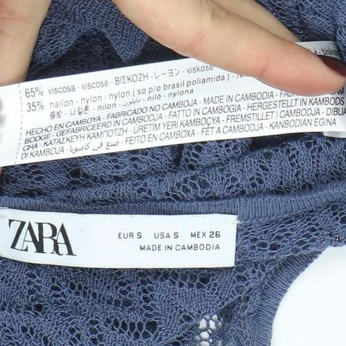 ZARA Womens Blue Crochet Knit Cropped Top Size S Long Sleeve