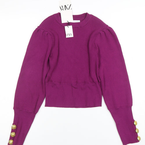 ZARA Women Purple Puff Sleeve Rib Knit Crew Neck Jumper Size 12