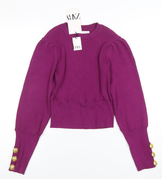 ZARA Women Purple Puff Sleeve Rib Knit Crew Neck Jumper Size 12