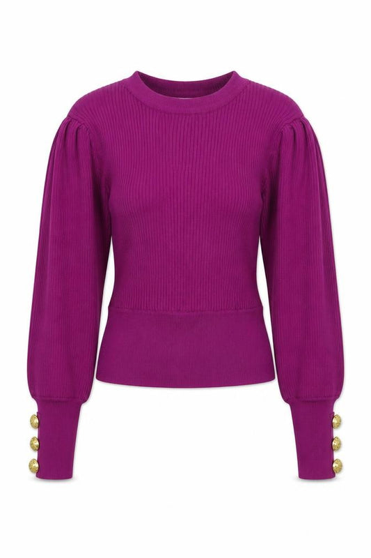 Front view of Zara Women Purple Puff Sleeve Rib Knit Crew Neck Jumper, size 12