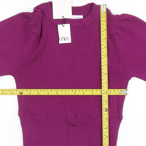 ZARA Women Purple Puff Sleeve Rib Knit Crew Neck Jumper Size 12