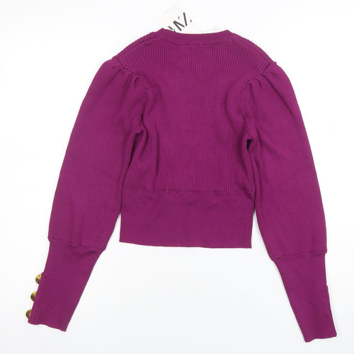 ZARA Women Purple Puff Sleeve Rib Knit Crew Neck Jumper Size 12