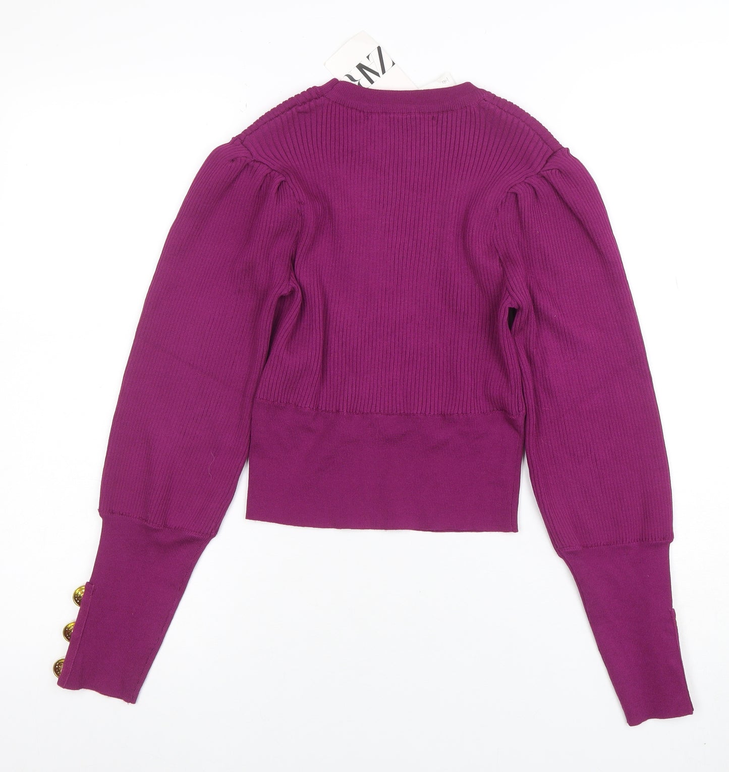 ZARA Women Purple Puff Sleeve Rib Knit Crew Neck Jumper Size 12