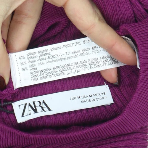 ZARA Women Purple Puff Sleeve Rib Knit Crew Neck Jumper Size 12