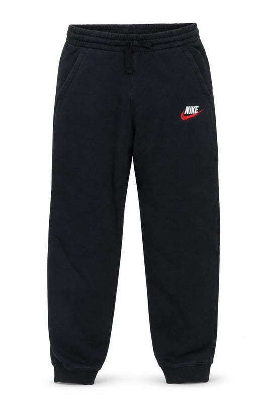 Front view of Nike boys’ black xl jogger fleece sweatpants with red logo