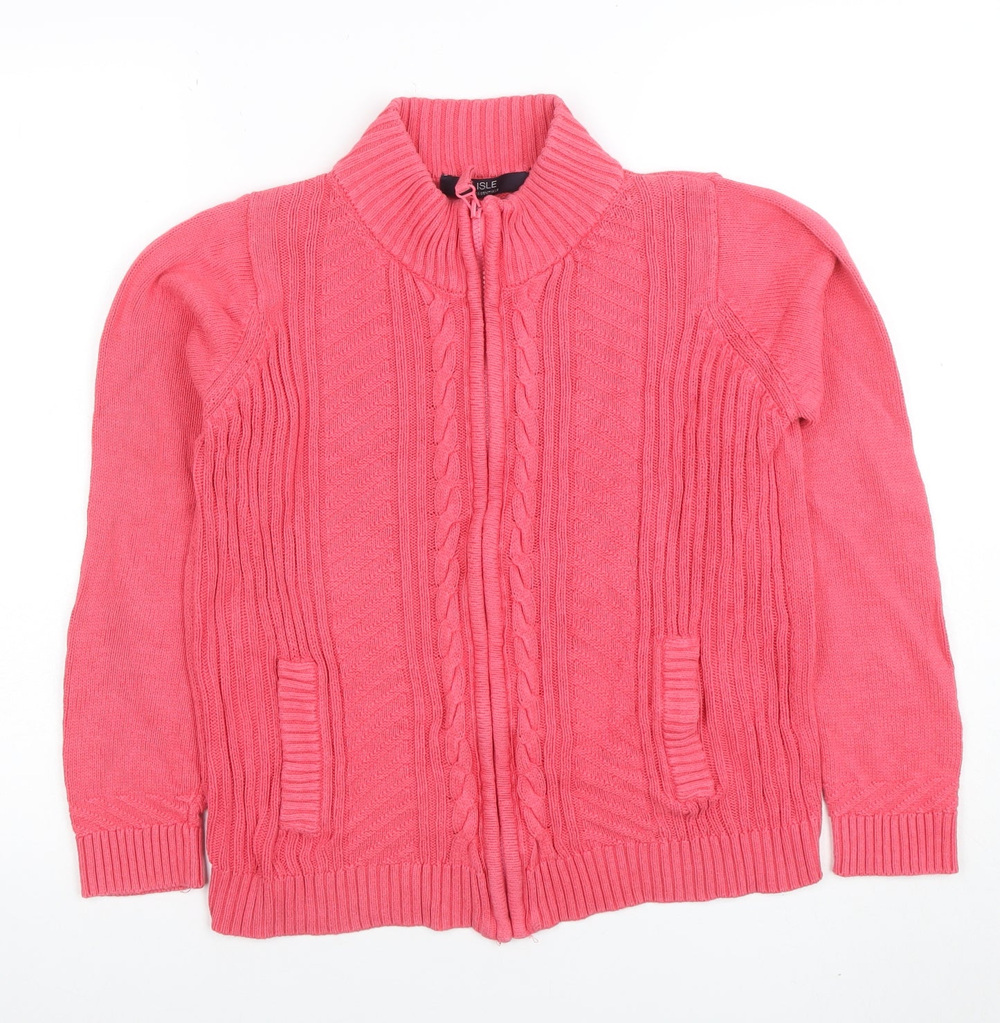 Isle Essentials Womens Pink Full Zip Cotton Cable Knit Jumper S