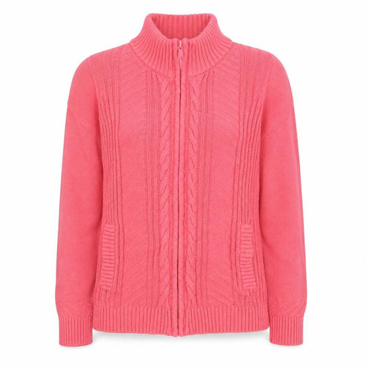 Front view of Isle Essentials women’s pink full zip cotton cable knit jumper s