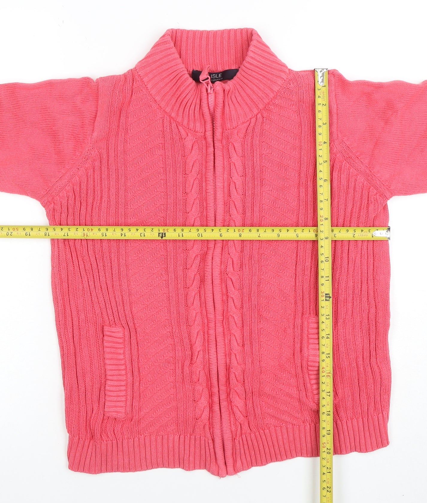Isle Essentials Womens Pink Full Zip Cotton Cable Knit Jumper S