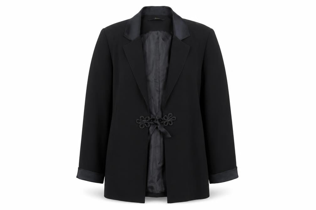 Front view of Eastex Women's Black, size 14, Shawl Collar Tuxedo Blazer