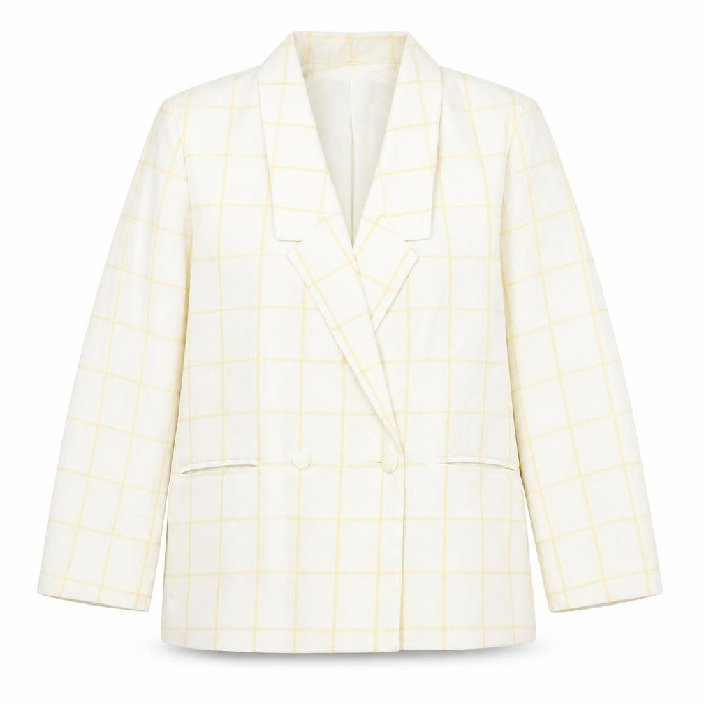 Front view of Principles Women's Ivory Yellow Check Double-Breasted Blazer, size 16