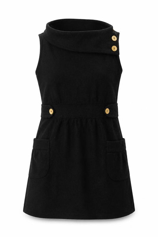 Front view of Pussycat London women’s black, size UK 10, sleeveless pinafore dress