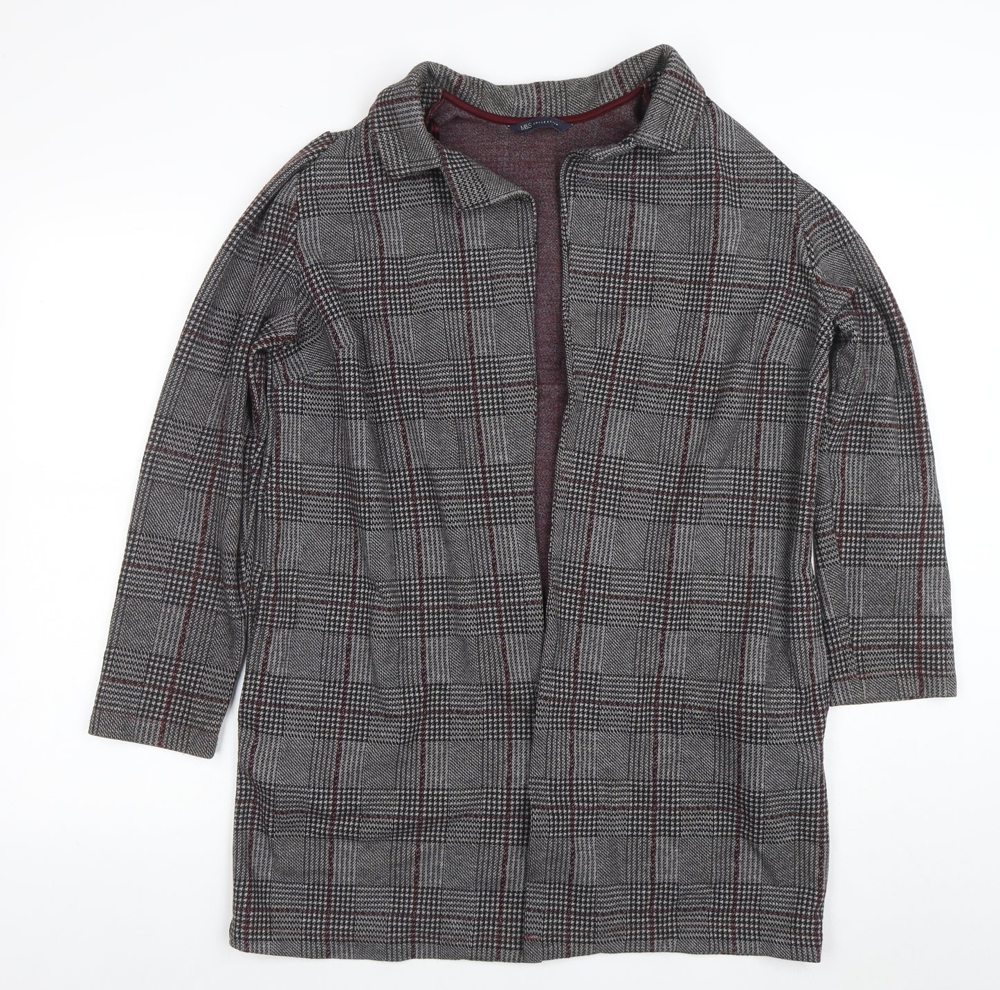 Marks and Spencer Women Grey Check Coatigan Size 14 Collared Mid-Length