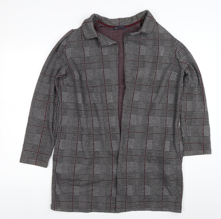 Marks and Spencer Women Grey Check Coatigan Size 14 Collared Mid-Length
