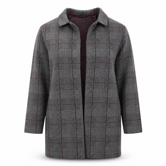 Front view of Marks & Spencer Women Grey Check Coatigan, size 14, Collared Mid-Length