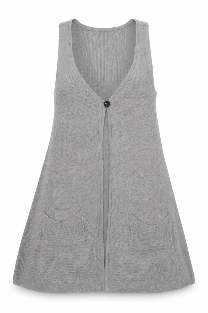 Front view of White Stuff women’s grey linen cotton sleeveless cardigan, size UK 10