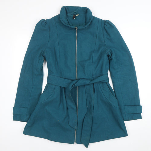 H&M Divided Women's Blue Belted Wool Blend Mid-Length Trench Coat Size 14