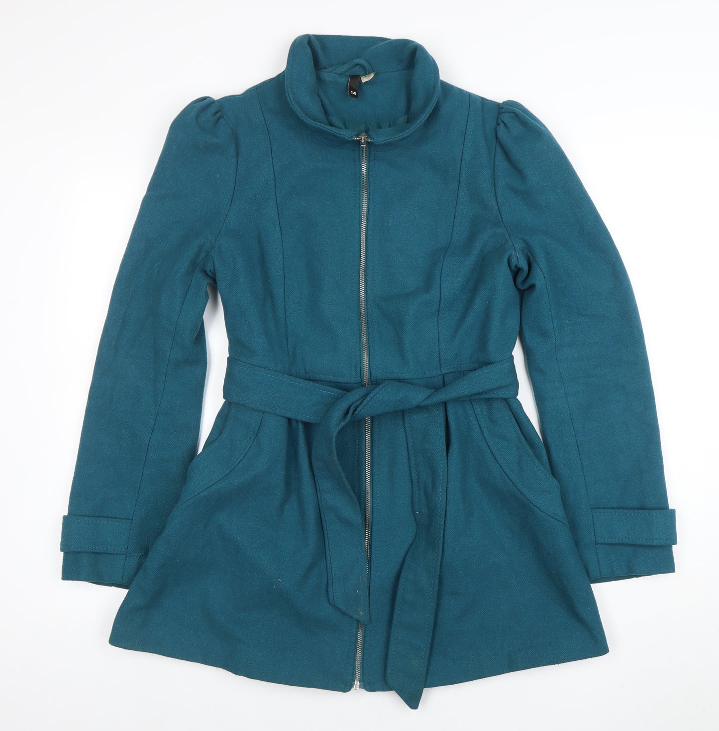H&M Divided Women's Blue Belted Wool Blend Mid-Length Trench Coat Size 14