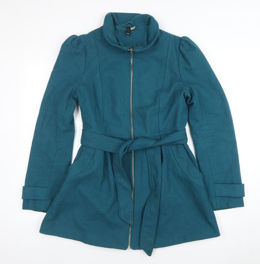 H&M Divided Women's Blue Belted Wool Blend Mid-Length Trench Coat Size 14