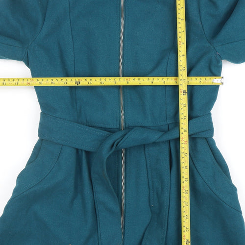 H&M Divided Women's Blue Belted Wool Blend Mid-Length Trench Coat Size 14
