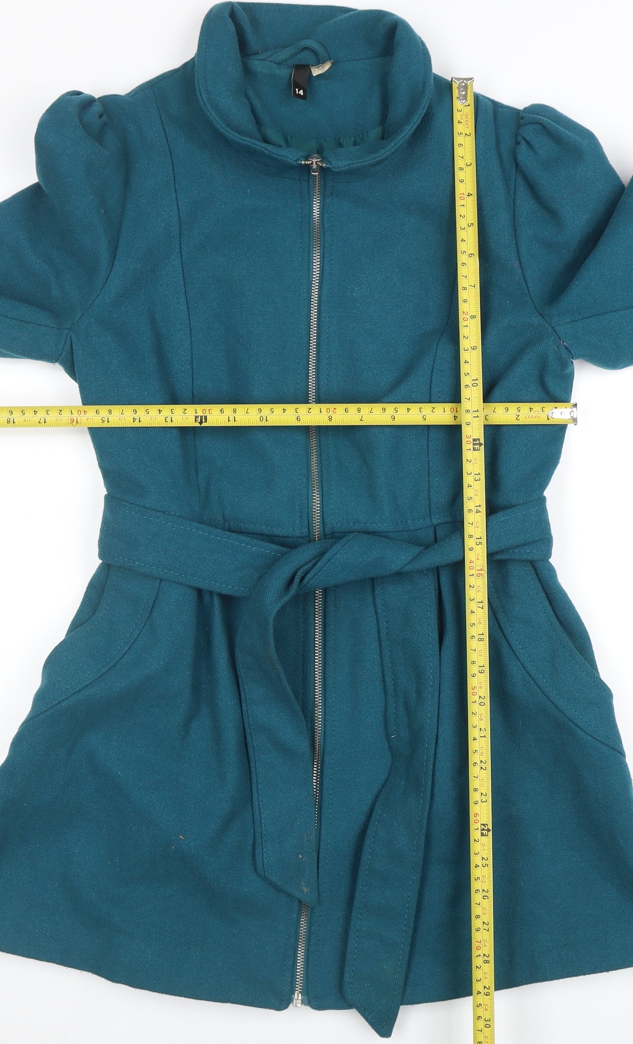 H&M Divided Women's Blue Belted Wool Blend Mid-Length Trench Coat Size 14