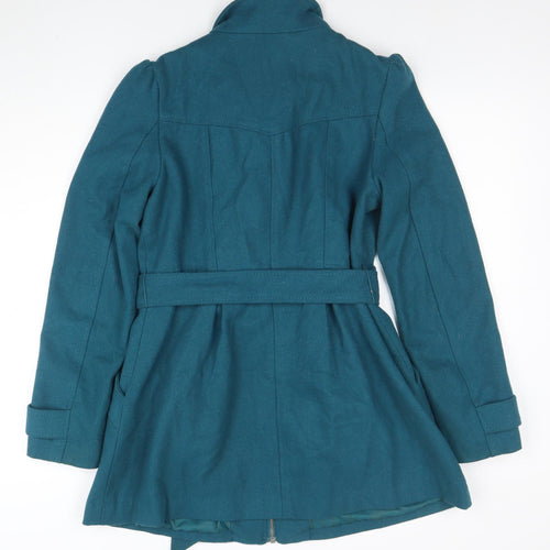 H&M Divided Women's Blue Belted Wool Blend Mid-Length Trench Coat Size 14