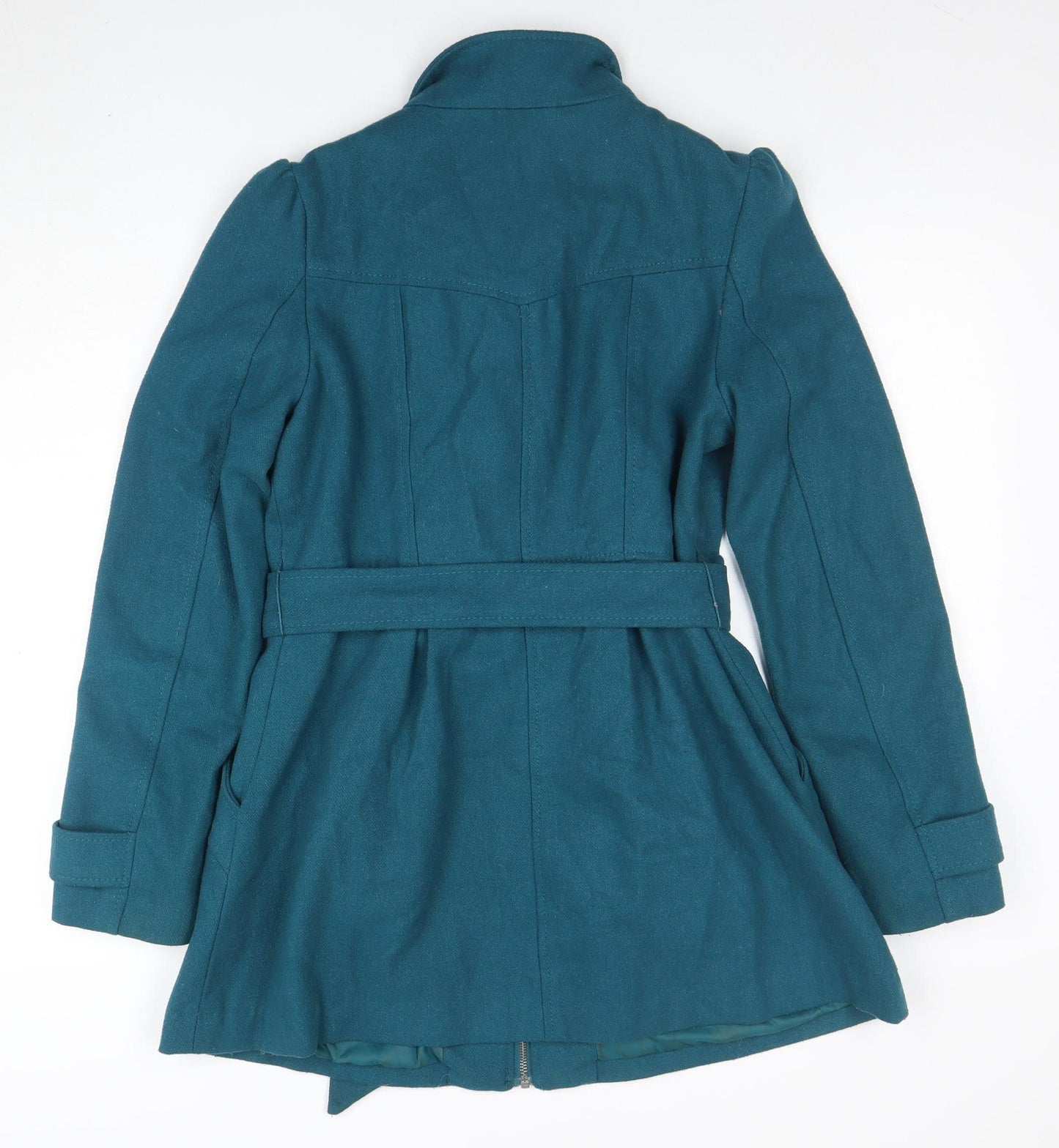 H&M Divided Women's Blue Belted Wool Blend Mid-Length Trench Coat Size 14