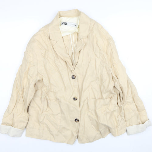 ZARA Women Beige Linen Blend Blazer Jacket S Single Breasted