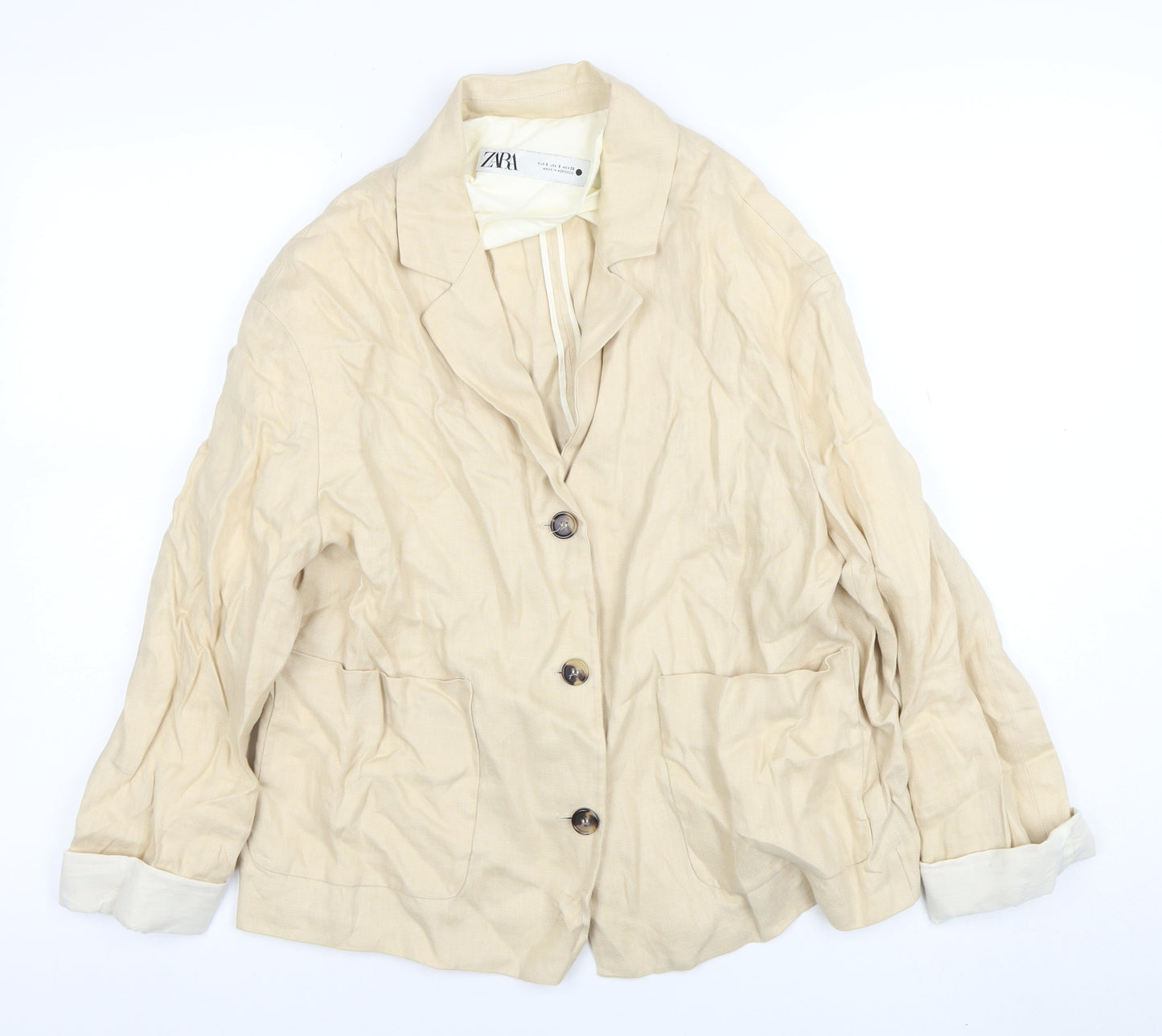 ZARA Women Beige Linen Blend Blazer Jacket S Single Breasted