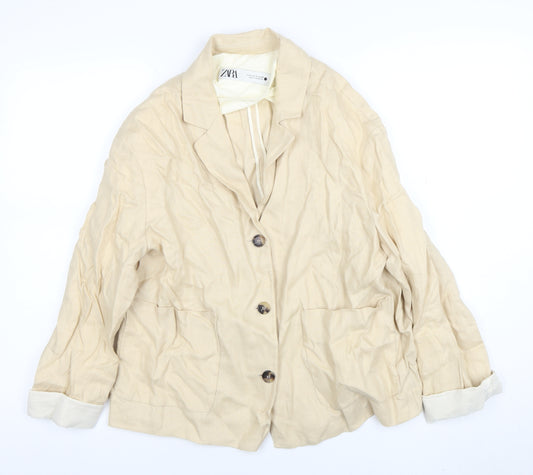 ZARA Women Beige Linen Blend Blazer Jacket S Single Breasted