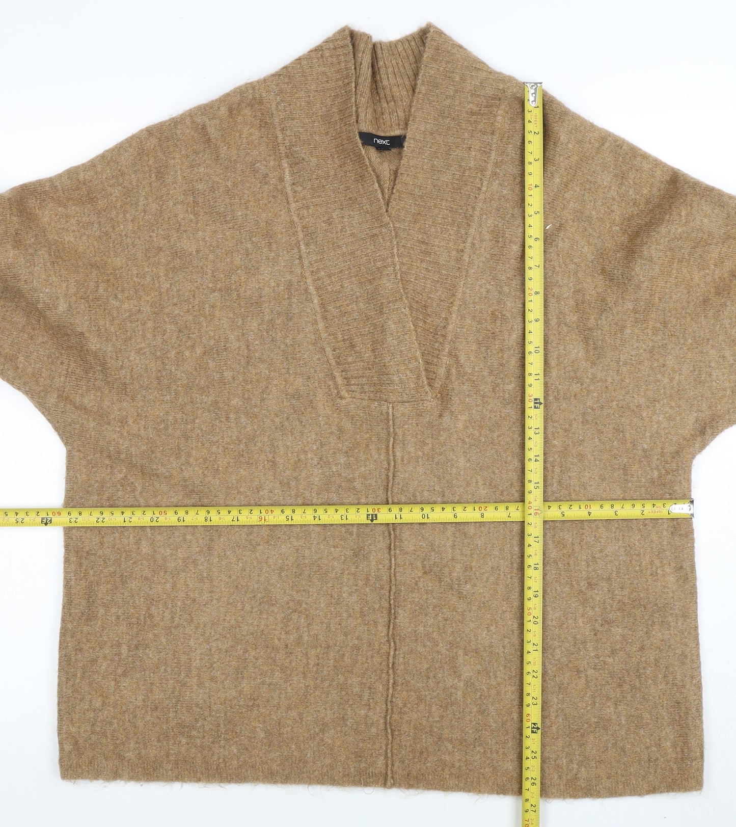 Next Women Beige V-Neck Relaxed Knit Pullover Jumper L