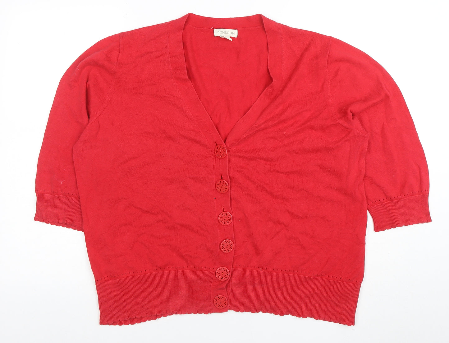 Monsoon Women Red Cotton V-Neck Short Sleeve Cardigan Size 16