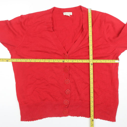 Monsoon Women Red Cotton V-Neck Short Sleeve Cardigan Size 16