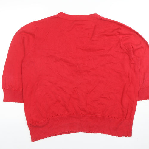 Monsoon Women Red Cotton V-Neck Short Sleeve Cardigan Size 16