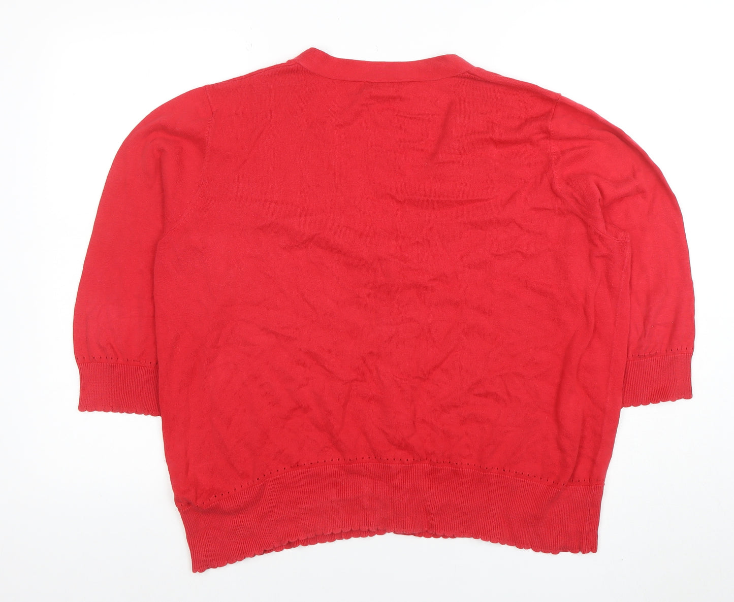 Monsoon Women Red Cotton V-Neck Short Sleeve Cardigan Size 16