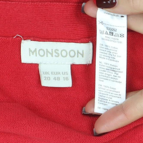 Monsoon Women Red Cotton V-Neck Short Sleeve Cardigan Size 16