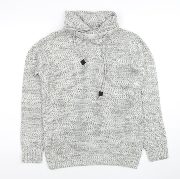 Pull & Bear Men's Grey Roll Neck Chunky Knit Jumper XS