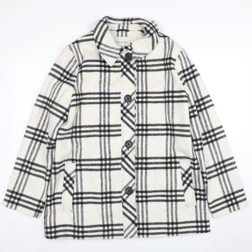 George Women Ivory Black Checked Wool Blend Mid-Length Coat Size 14