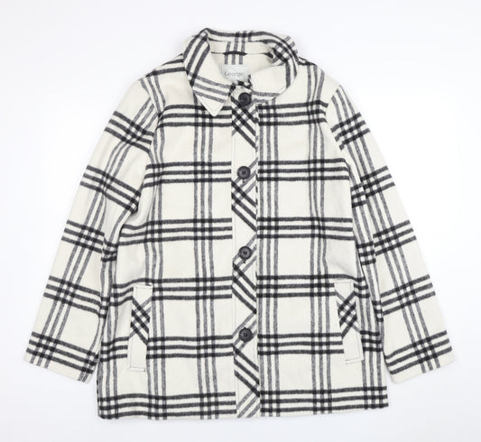 George Women Ivory Black Checked Wool Blend Mid-Length Coat Size 14