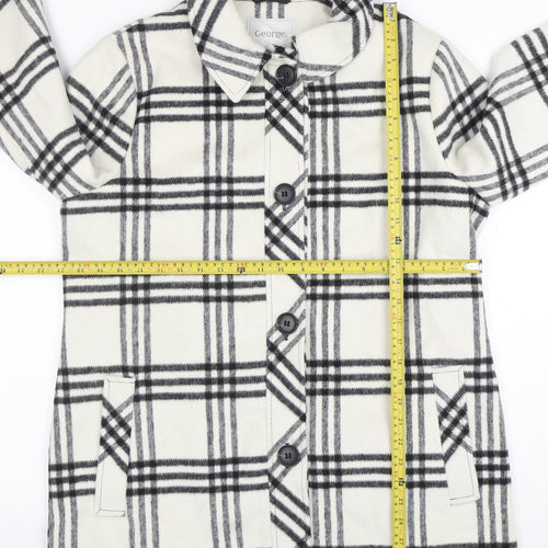 George Women Ivory Black Checked Wool Blend Mid-Length Coat Size 14