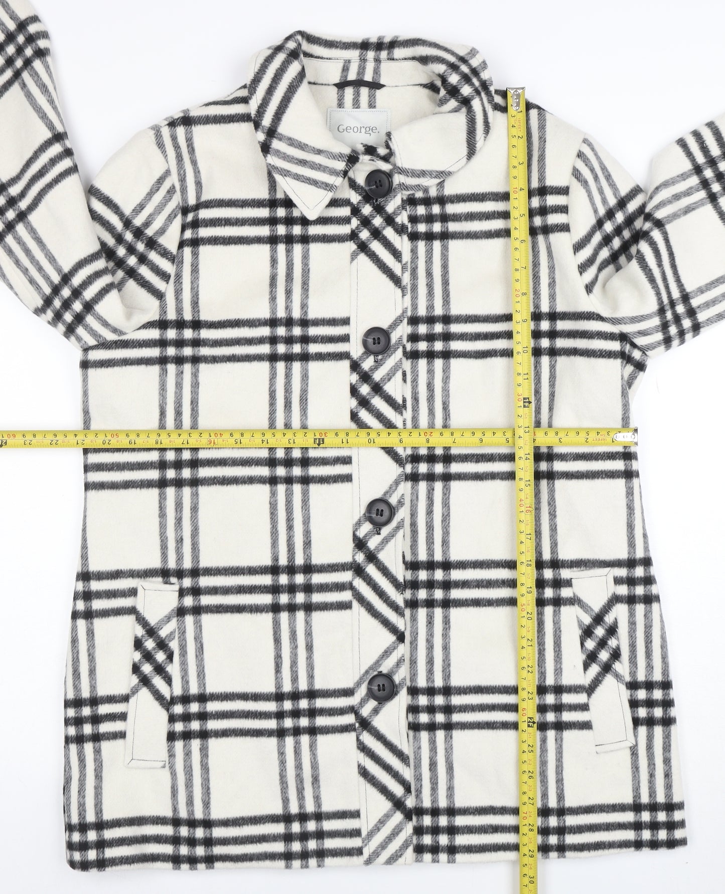 George Women Ivory Black Checked Wool Blend Mid-Length Coat Size 14