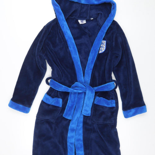 England Boys Blue Fleece Hooded Robe 9-10 Years Belted Winter Nightwear