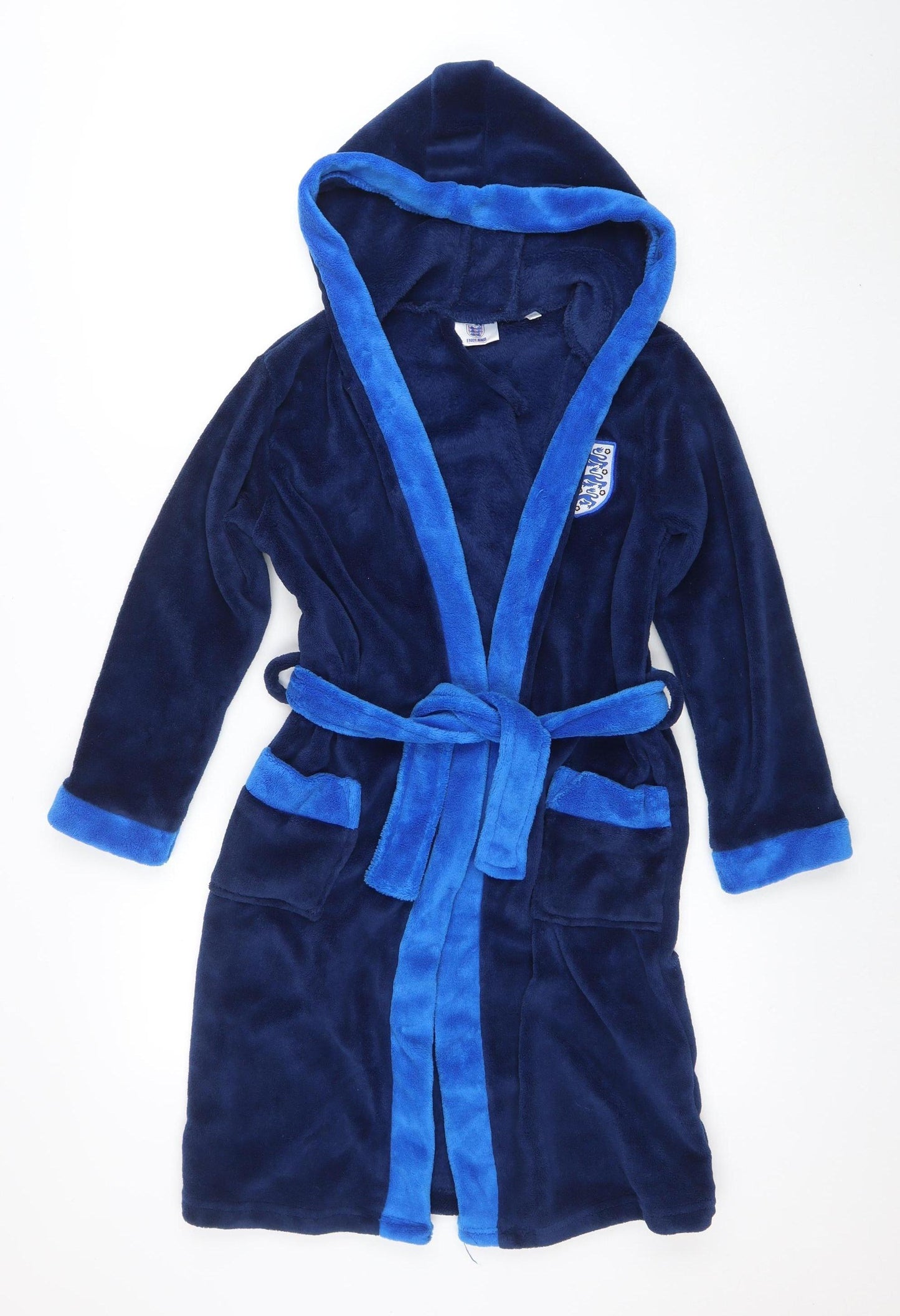England Boys Blue Fleece Hooded Robe 9-10 Years Belted Winter Nightwear