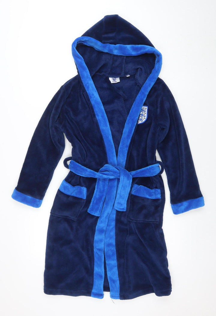 England Boys Blue Fleece Hooded Robe 9-10 Years Belted Winter Nightwear