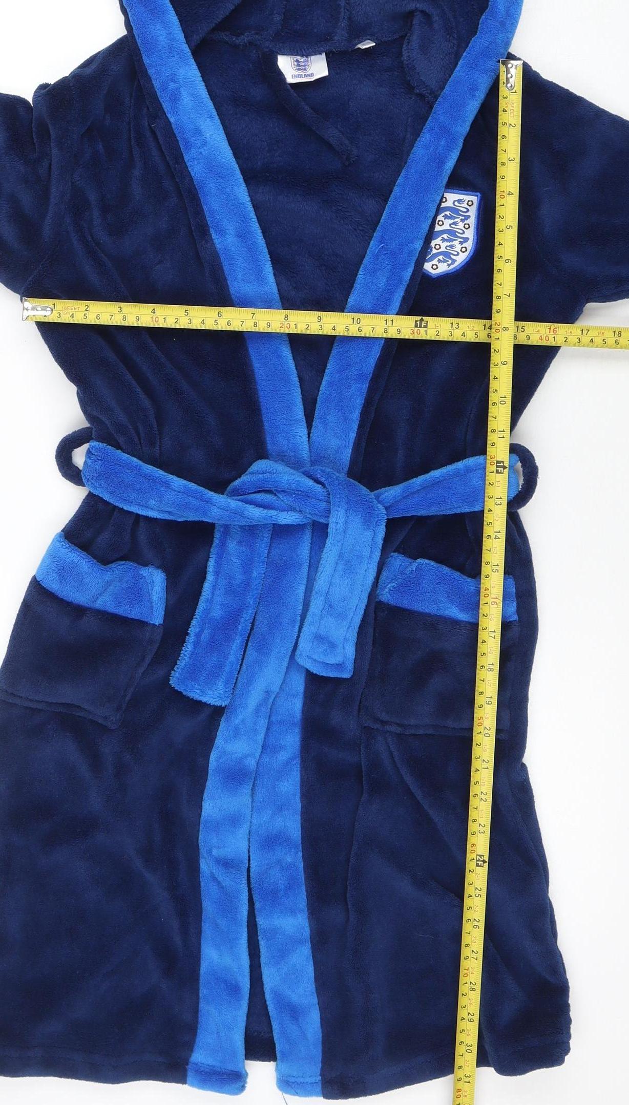 England Boys Blue Fleece Hooded Robe 9-10 Years Belted Winter Nightwear