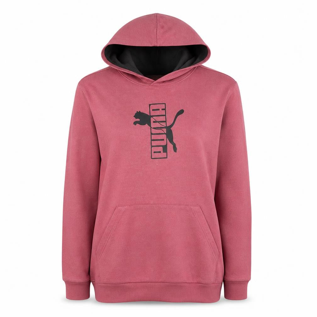 Front view of Puma women’s pink hooded pullover sweatshirt, size L, casual cotton blend
