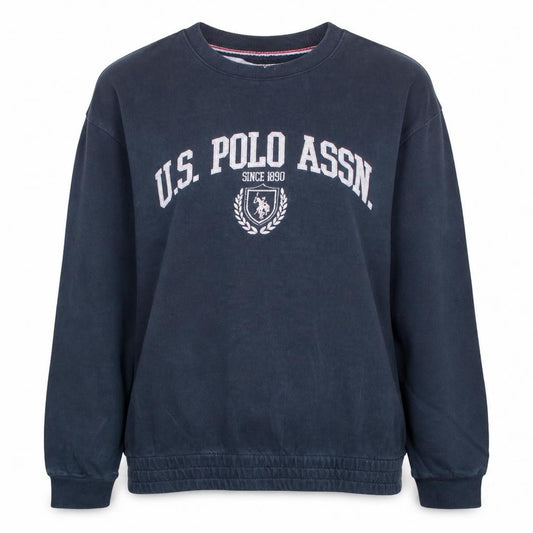 Front view of U.S. Polo Assn. women’s navy blue sweatshirt, size UK 12, crew neck pullover