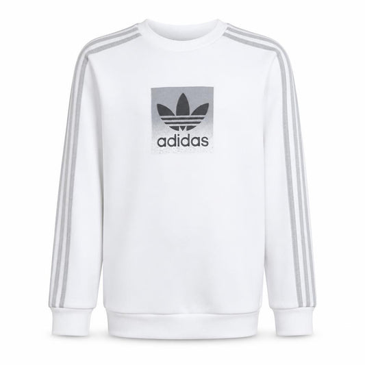 Front view of Adidas boys’ white long sleeve pullover sweatshirt, size 11-12, years